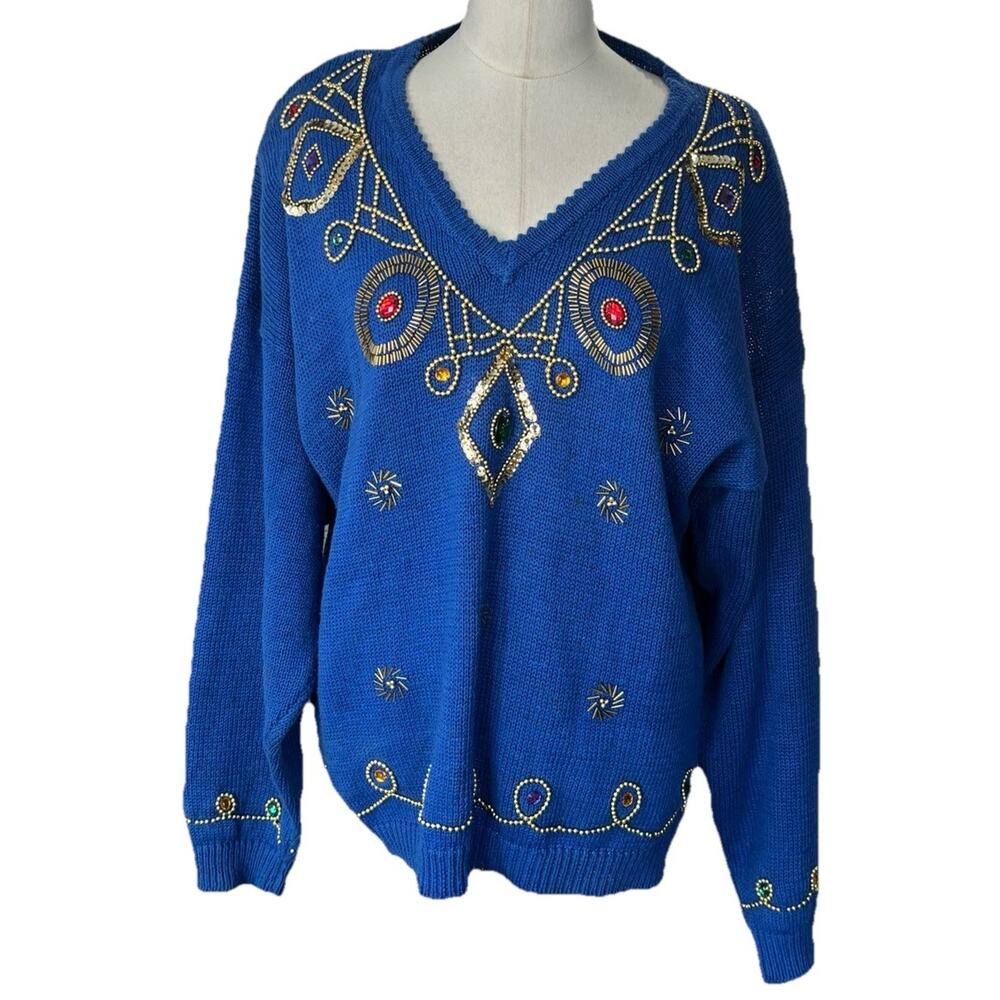 Vintage 80s CELINA YANG size Medium Beaded V-Neck Sweater